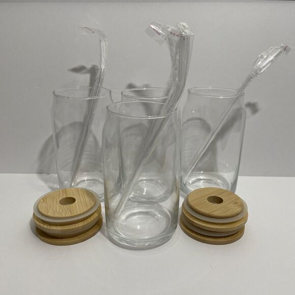 Other - 4-Piece Eco-Friendly Glasses Set with Bamboo Lids & Glass Straws 16oz Can Shaped